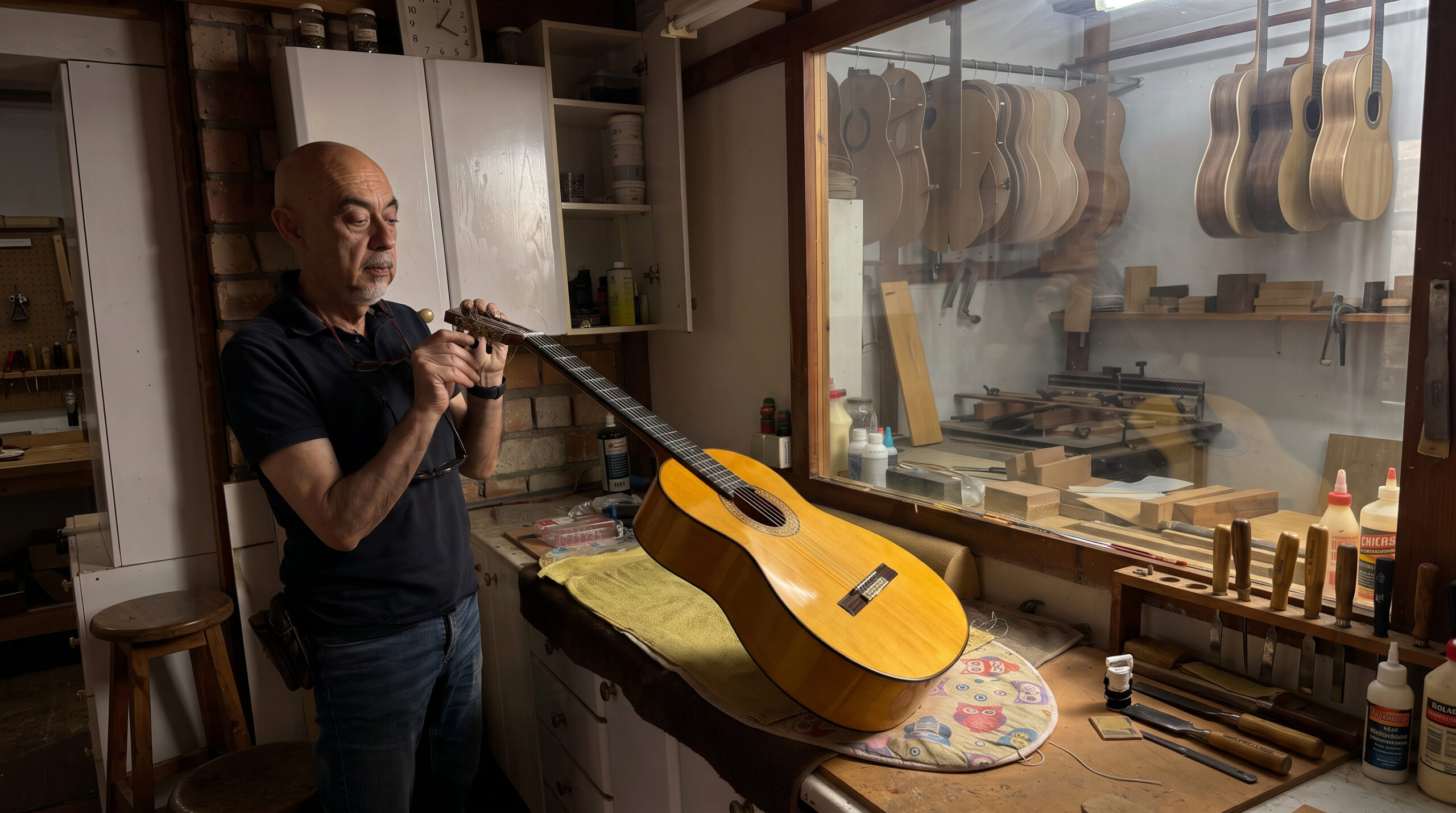 Francisco Sánchez trabajando sobre una guitarra española en su taller de Estepa