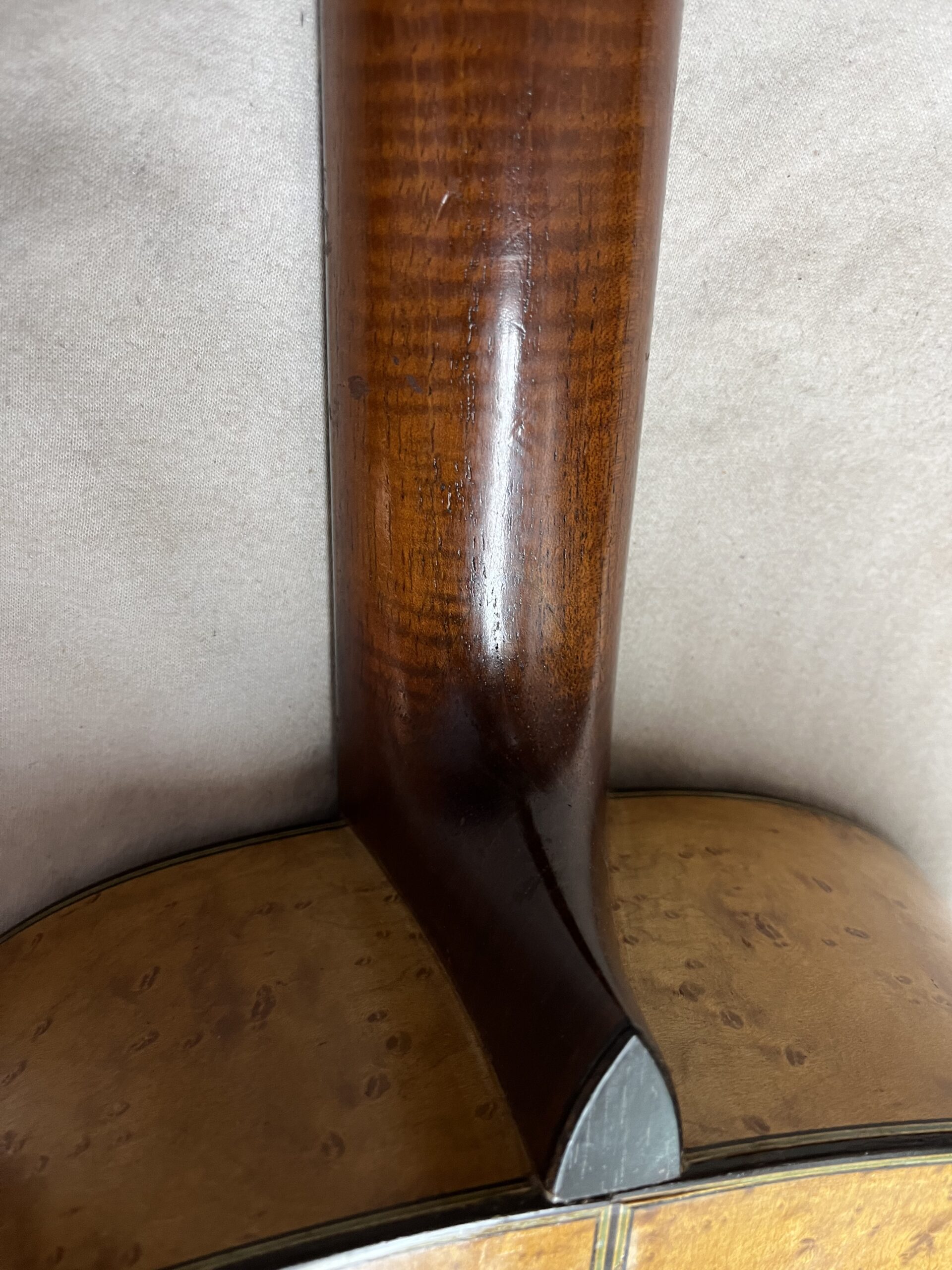 Bridge with a fine decorative white strip on the Manuel Ramírez guitar